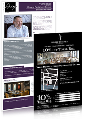 Email Marketing Service - example includes Roux at parliament Sqaure Restaurant and High Timber Restaurant London