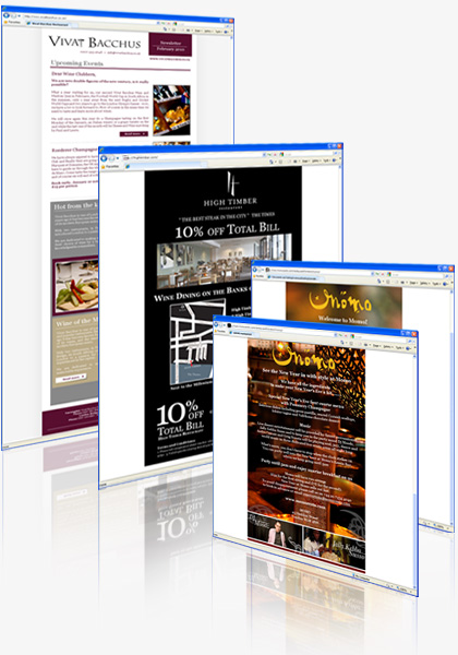 HTML email newsletter designs for London Restaurants - Vivat Bacchus, High Timber and Momo